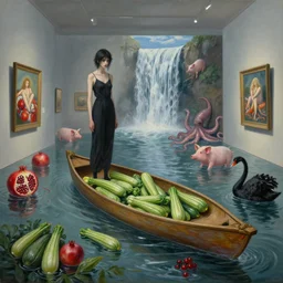 painting of a flooded art gallery, black lounge, a tall emo girl, a primitive canoe, courgettes, art gallery interior, pigs, waterfall, pomegranates, sensual, octopus, zen, black swans, berries, surrealist, by magritte and monet