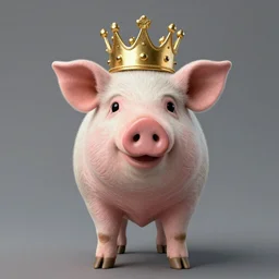 studio photograph of a pig depicted as a muppet wearing a gold crown, front view