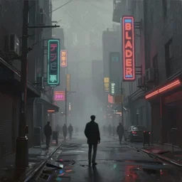 beautiful painting by jeremy mann, cyberpunk street, neon signs, still from blade runner movie, desaturated, oil painting, perfect composition, detailed octane render trending on artstation, misty, ominous, unsettling, 8 k artistic photography, volumetric cinematic perfect light, wlop, artgerm, greg rutkowski