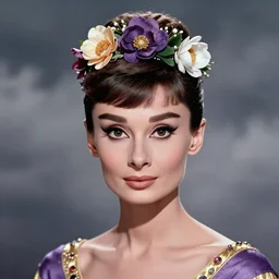 closeup portrait fine art photo of the beauty audrey hepburn, perfect eyes, she has a crown of stunning flowers and dress of purple and gold satin and gemstones, background full of stormy clouds, by peter mohrbacher