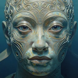 ultra realist and ultra intricate detailed soft painting of an ancient water Kau in the ocean underwater environment,  omnious, elegant, reflections, focus, detailed, realistic eyes, horizontal partial symmetry features proportions, intricate facial skin details, award winning, trending in cgsociety artstation deviant art, octane render