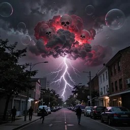 City streets Dark night with grey and red bubble clouds in the sky with skull faces in the clouds. Electrical storm hitting the people trying to run for cover