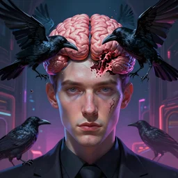 a close - up portrait shot of a man! who's ( brain is being ( ( eaten by a ( crow ) ) ), cult dystopian neon environment, intricate, elegant, highly detailed, centered, digital painting, artstation, concept art, smooth, sharp focus, illustration, artgerm, tomasz alen kopera, peter mohrbacher, donato giancola,