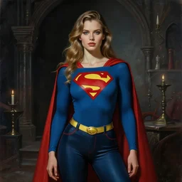 portrait of a beautiful gorgeous captivating latvian belarusian finnish norwegian swedish glamour model superman in dark dungeon, jodhpurs greg manchess painting by sargent and leyendecker, studio ghibli, medium shot asymmetrical intricate elegant illustration hearthstone, by greg rutkowski by greg tocchini by craig mullins