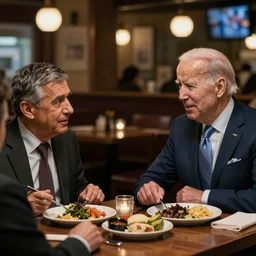 Anthony Fauci and Biden having dinner at a Dive bar restaurant, award winning cinematic photography, 50 mm, blurred background, trending on twitter