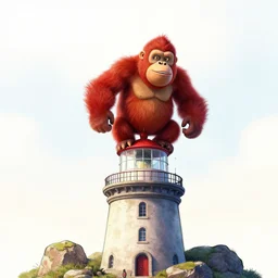unstable lighthouse building, red orangutan as kingkong raging on the top of lighthouse, movie screenshot, wallpaper, kingkong movie, colorfull, realistic, pixar, hardmesh, sharp, black pen drawn edges