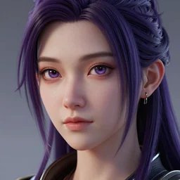 Close up portrait of a young Asian Cyberpunk woman with dark purple hair, 3d render, Unreal Engine, octane render, ray tracing, Unity, highly detailed, high quality, HD, 4k, 8k, realistic, sharp, trending