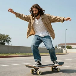 Jesus Christ riding a skateboard, cool, high definition, realistic