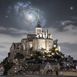 a beautiful double exposure of the astronomy picture of the day, nebula, a rural seaside village on a hill, mont - saint - michel, landscape at night, soft white light, muted, neutral light, light blue tones, chimney smoke, long exposure clouds, unreal engine