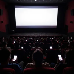 movie theatre of people looking down at their cell phones while the movie is showing. image taken at front of theatre looking towards the crowd. dark only light coming from the screen. audience illuminated