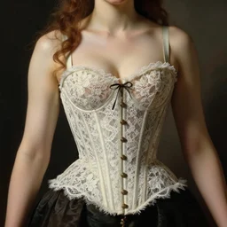 a renaissance styled baroque hyperrealistic painting of an anatomically correct woman wearing an intricate lace corset by aj hamilton