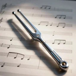 A tuning fork from the future, music sheets in the background, cinematic, but in cyberpunk style