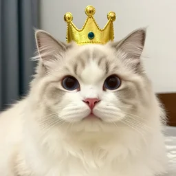 photo of a very cute, fluffy cat wearing a crown on its head