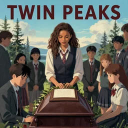 Twin Peaks poster artwork by Michael Whelan and Tomer Hanuka, Rendering of Zendaya, Maisie Williams and Jennifer Connelly are high school students attending a funeral from scene from Twin Peaks, full of details, by Makoto Shinkai and thomas kinkade, Matte painting, trending on artstation and unreal engine