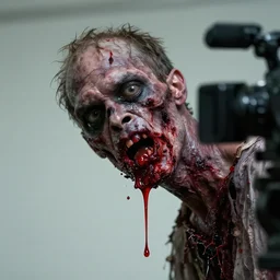 up close photograph of a real - life zombie from the tv show the walking dead hanging skin and jaw, bloody - brain matter oozing, studio camera shot on a red 5, award winning vfx and cinematography