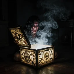 Low angle, Glowing Ornate open box in sitting on the floor of a dark room emanating depression, repression, narcissistic terror, smoke, horror, agony, anger, jealousy and pain, dramatic lighting, peter mohrbacher, gustave dore, moebius, h.r. giger,