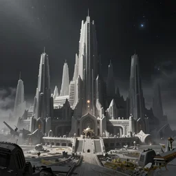 star wars concept art by greg rutkowski, a palatial and imposing grey city emerging from space in the middle of a space landscape, enigmatic atmosphere, beautiful and cinematic lighting, artstation hq.