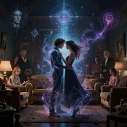 man and woman feeling love in the living room of a house, floating dark energy surrounds them. dark cyber mystic alchemical transmutation heavenless realm, cover artwork by francis bacon and jenny seville, adrian ghenie, jeffrey smith, josan gonzales, norman rockwell, frank stella, kim dorland, artstation, highly detailed