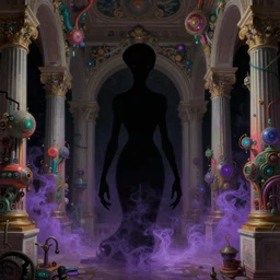 a silhouette of a supernatural alien in baroque neoclassicist halls overgrown with colorful otherworldly technology. close - up view, detailed textures. glowing purple fog, dark black background. highly detailed fantasy science fiction painting by moebius, norman rockwell, frank frazetta, and syd mead. rich colors, high contrast
