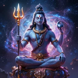 Lord Shiva holding trident in the space , glowing effect, universe, concept art trending on artstation , realistic,