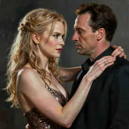An epic fantastic realism style painting of nicole kidman as nicolas cage, unreal 5, hyperrealistic, octane render, dynamic lighting