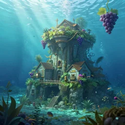 underwater 🌊🍇🏘🌿, style artstation, style greg rutkowsk, octane render, unreal engine 6, epic game graphics, fantasy, ciberpunk, conceptual art, ray tracing