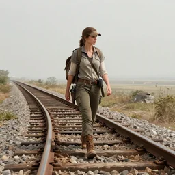 Highly detailed 4K fantasy matte painting of a female adventurer walking along abandoned train tracks near a river, volumetric sun rays and dust, water reflection, in the style of Andreas Rocha and Greg Rutkowski