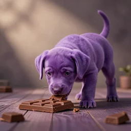 purple puppy eating chocolate