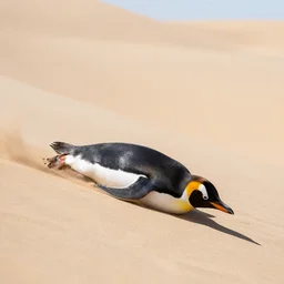 penguins sliding in sand dunes, photography