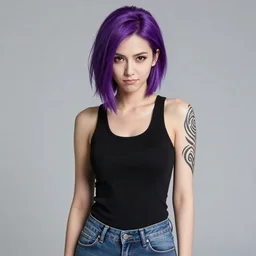 a portrait of dilraba dilmurat as revy from black lagoon, smirk, black tank top, jean shorts, brown eyes, purple hair, tribal tattoo sleeve right arm, symmetrical eyes, symmetrical face, art by lois van baarle and loish and ross tran and rossdraws and sam yang and samdoesarts and artgerm