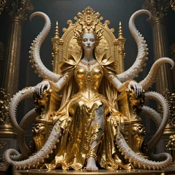 a photo of 8k ultra realistic corrupted lovecraftian golden queen on her oversized throne, 8 intricate white and gold tentacles, ornate, cinematic lighting, trending on artstation, 4k, hyperrealistic, focused, high details, unreal engine 5, cinematic, masterpiece