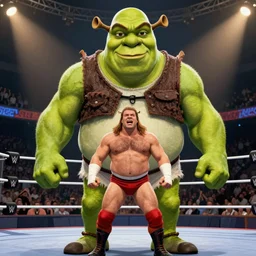 shrek vs andre the giant at wrestlemania 8, dramatic lighting, 8k , WWE poster