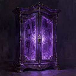 a locked ornate cupboard in centre with glowing aura seeping out of the seems, dark purple tone, intricate, highly detailed, digital painting, loose brush strokes, realistic shaded lighting, artstation, concept art, smooth, sharp focus, illustration, realism, oil painting, unreal engine 5, 8 k