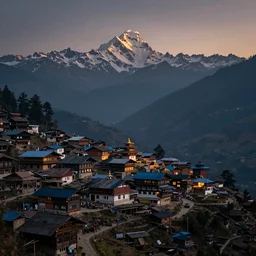 nepalese mountain village at dusk, dim volumetric lighting, 8 k octane render, hdr, postprocessing, hyperdetailed, intricate, epic composition, cinematic lighting, masterpiece, trending on artstation, stunning art by anders zorn, extraordinary artwork by greg rutkowski