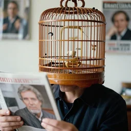 a person with a birdcage instead of head, natural light, smooth, detailed face, magazine, press, photo, steve mccurry, david lazar, canon, nikon, focus