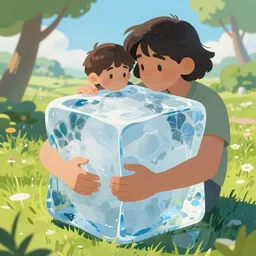 hugging a huge ice cube to cool off on a hot summer day, hyperdetailed, artstation, by artgerm and greg rutkowski and alphonse mucha