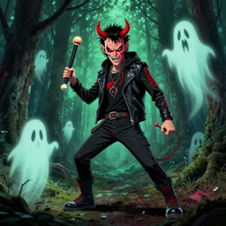 demon punk aesthetic demon in 8 0 s clothing using nunchucks to fight ghosts in a forrest hellscape. concept art. beeple.