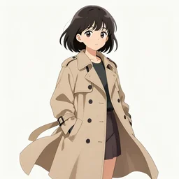 A cute manga girl wearing a stylish flowing trench coat by Range Murata, black medium length Dutch bob cut hair with straight bangs, dark eyes, popped collars, black and white charcoal sketch, Huke, krenz cushart, trending on artstation