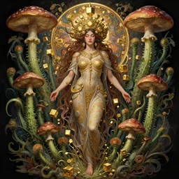 symmetry!! portrait of goddess peach, religious, intricate, carnivore plants, sacred mushroom, golden cubes, highly detailed, dynamic lighting, digital art, digital painting, artstation, wlop, sharp focus, illustration, art by artgerm and greg rutkowski and alphonse mucha, 8 k