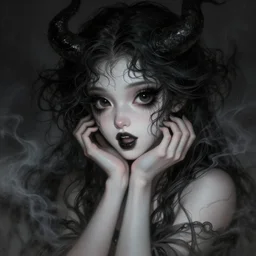 portrait of demon girl, dreamy and ethereal, expressive pose, big black eyes, exciting expression, fantasy, intricate, elegant, dark and moody smoke, highly detailed, digital painting, artstation, concept art, smooth, sharp focus, illustration, art by artgerm and greg rutkowski and ( alphonse mucha ) nekro borja