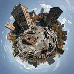 mini planet panorama style of dilapidated manhatten in real life, desolate with zombies, dilapidated, zombies in the streets, nightmarish, some rusted style parked vehicles, sunny weather, few clouds, volumetric lighting, photorealistic, daytime, autumn, sharp focus, ultra detailed, cgsociety