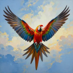 a beautiful realistic painting of a parrot spreading its wings and soaring to the sky, symetrical wings, vibrant colors, ayahuasca, visionary art style