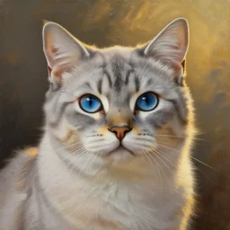 painting of Ashfur from Warrior Cats, a light gray cat with dark specks and blue eyes, blue eyes!, golden hour, classical style, art by Kenne Gregoire and Paul Gustav Fischer