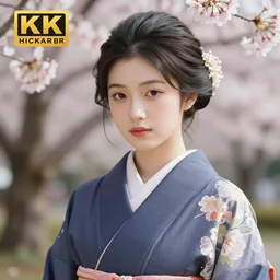 photorealistic matte painting of a beautiful japanese girl, wearing kimono, sakura trees in background, smooth, porcelain skin, gorgeous eyes, artstation, 4 k, 8 k