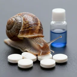 a snail eating pills, professional photo