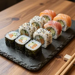 sushi laid out on a slab of stone that is laying on a wooden table, high detail, 4k, complex