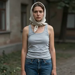 a rough woman, wearing a headscarf, a tank top, and ( ( jeans ) ), by nikolay makovsky.