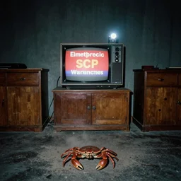 Photograph of an old black room with a TV playing an emergency warning, dust in the air, brown wood cabinets, SCP, taken using a film camera with 35mm expired film, bright camera flash enabled, award winning photograph, sleep paralysis demon crabwalking towards camera, creepy, liminal space, in the style of the movie Pulse