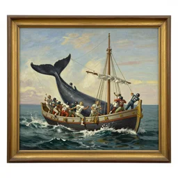 an old 1 8 th century boat chasing a whale, the boat is filled with football players, the whale tail breaks the surface american oil painting in a frame