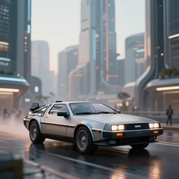 a futuristic cyber city sharp photorealistic octane render, bokeh in the background only, a futuristic curvy delorean hover in the foreground, deep perspective